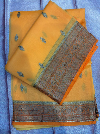 Yellow, orange, Pure Kora antique, Banarasi Handloom saree