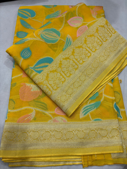 Yellow Semi Khaddi Georgette Banaras Sari 