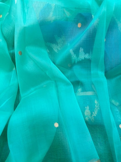 Sky Blue Pure Kora Katan Rungkaat Banarasi Handloom Saree