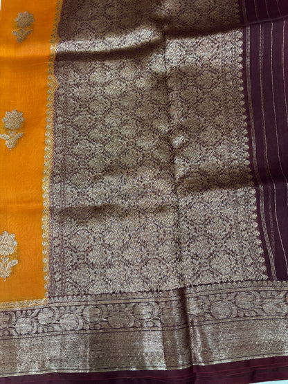 Yellow with brown border, pure Kora Antique Zari, Banarasi Handloom sari