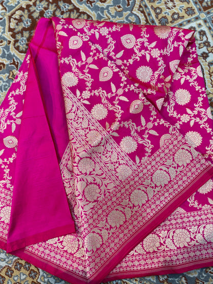 Rani Pink Pure Katan Jangla Banaras Handloom Saree