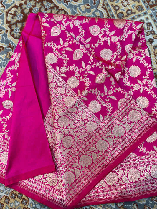 Rani Pink Pure Katan Jangla Banaras Handloom Saree