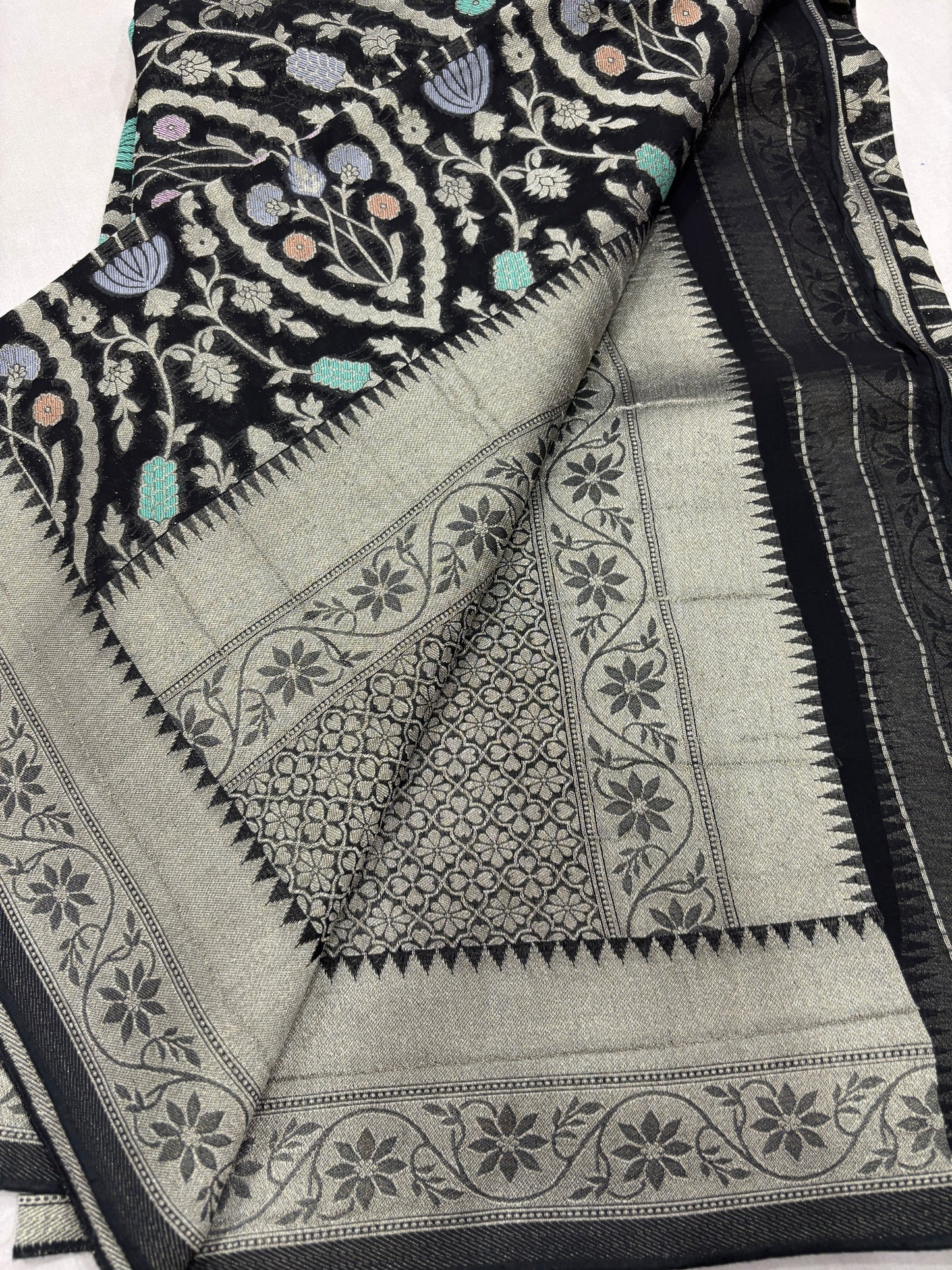 Black Semi Khaddi Georgette Banaras Sari 