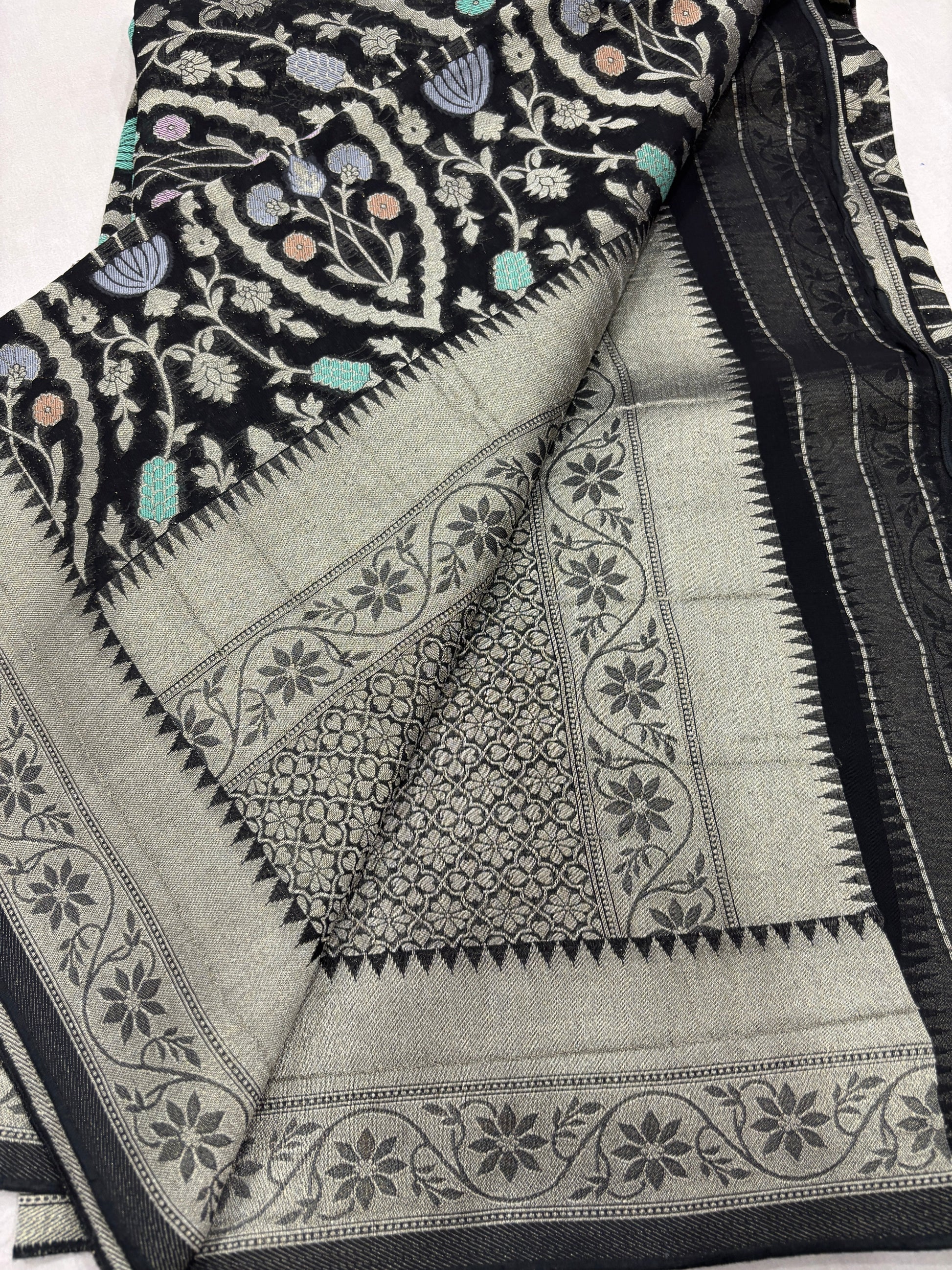 Black Semi Khaddi Georgette Banaras Sari 