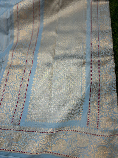 Exclusive powder blue pure katan jangla Banarasi Handloom saree