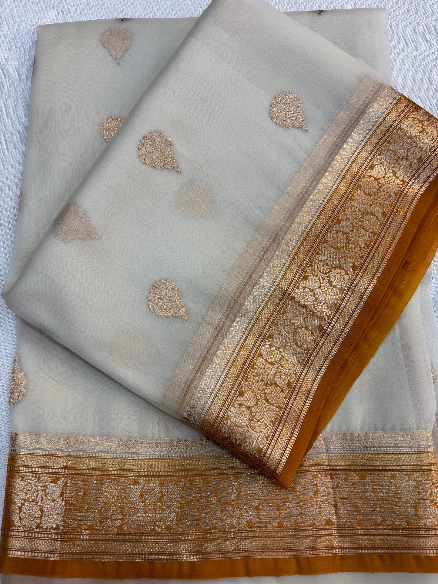White with yellow Pure Kora Designer Banarasi Handloom Saree 