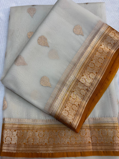 White with yellow Pure Kora Designer Banarasi Handloom Saree 