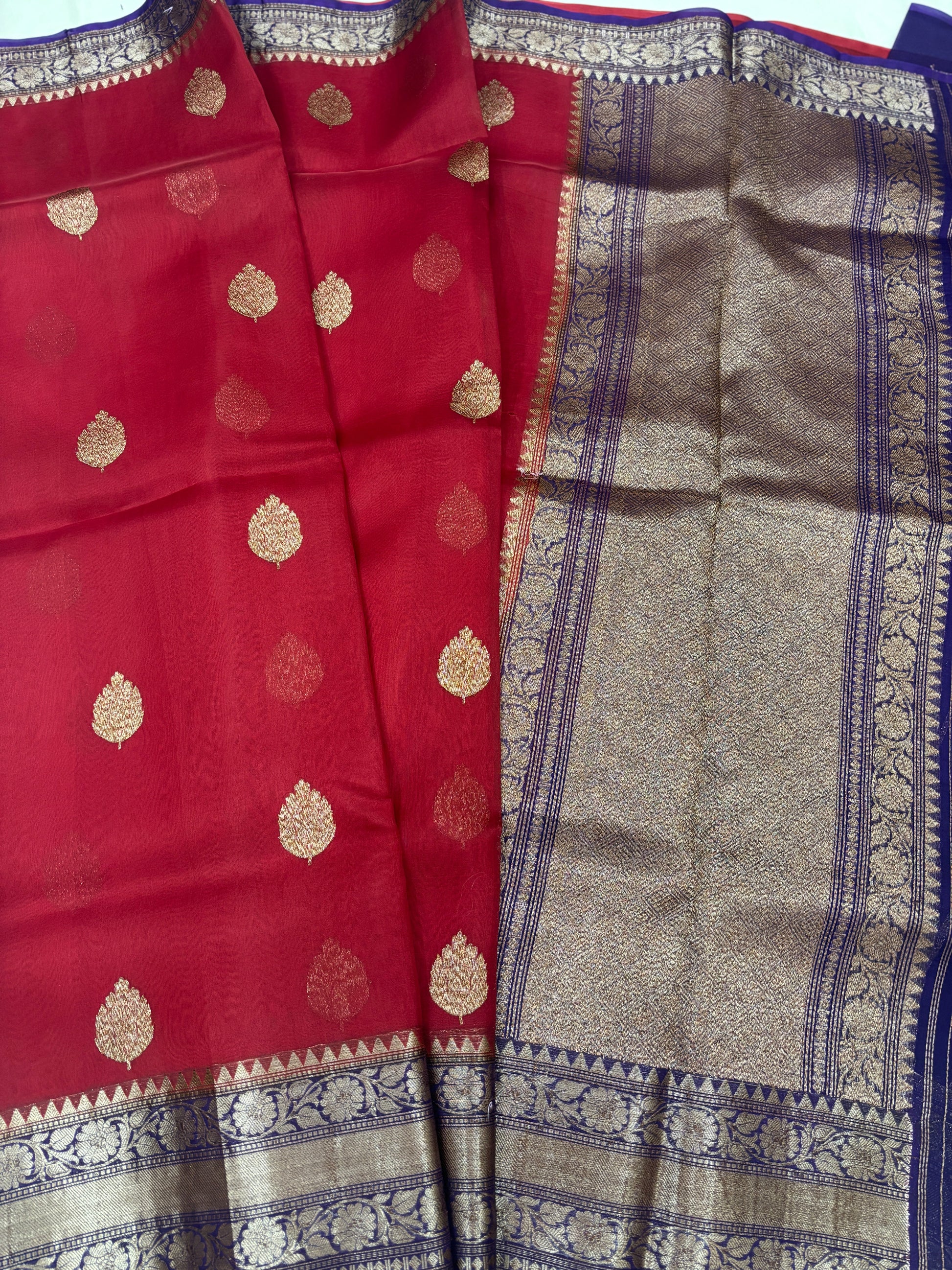 Red with Blue Pure Kora Antique Zari Banarasi Handloom Saree 