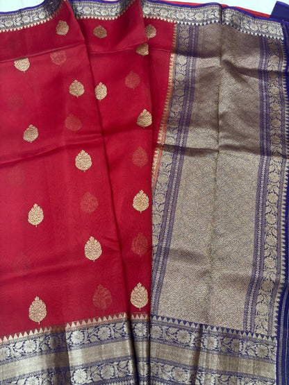 Red with Blue Pure Kora Antique Zari Banarasi Handloom Saree 