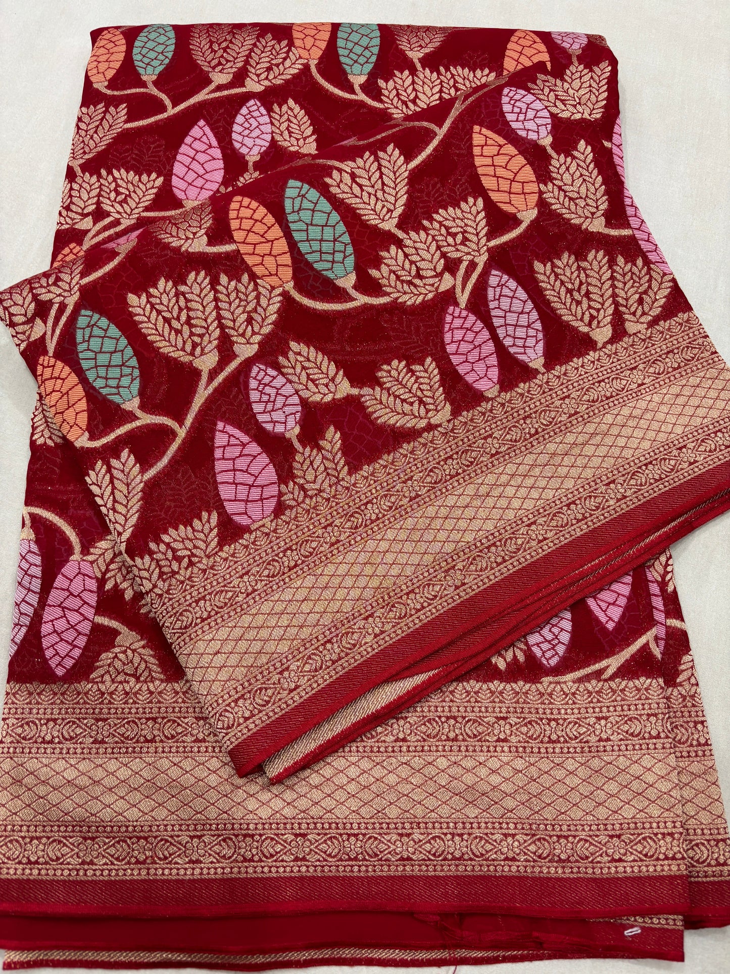 Red Semi Khaddi Georgette Banaras Sari 