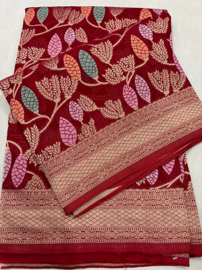 Red Semi Khaddi Georgette Banaras Sari 