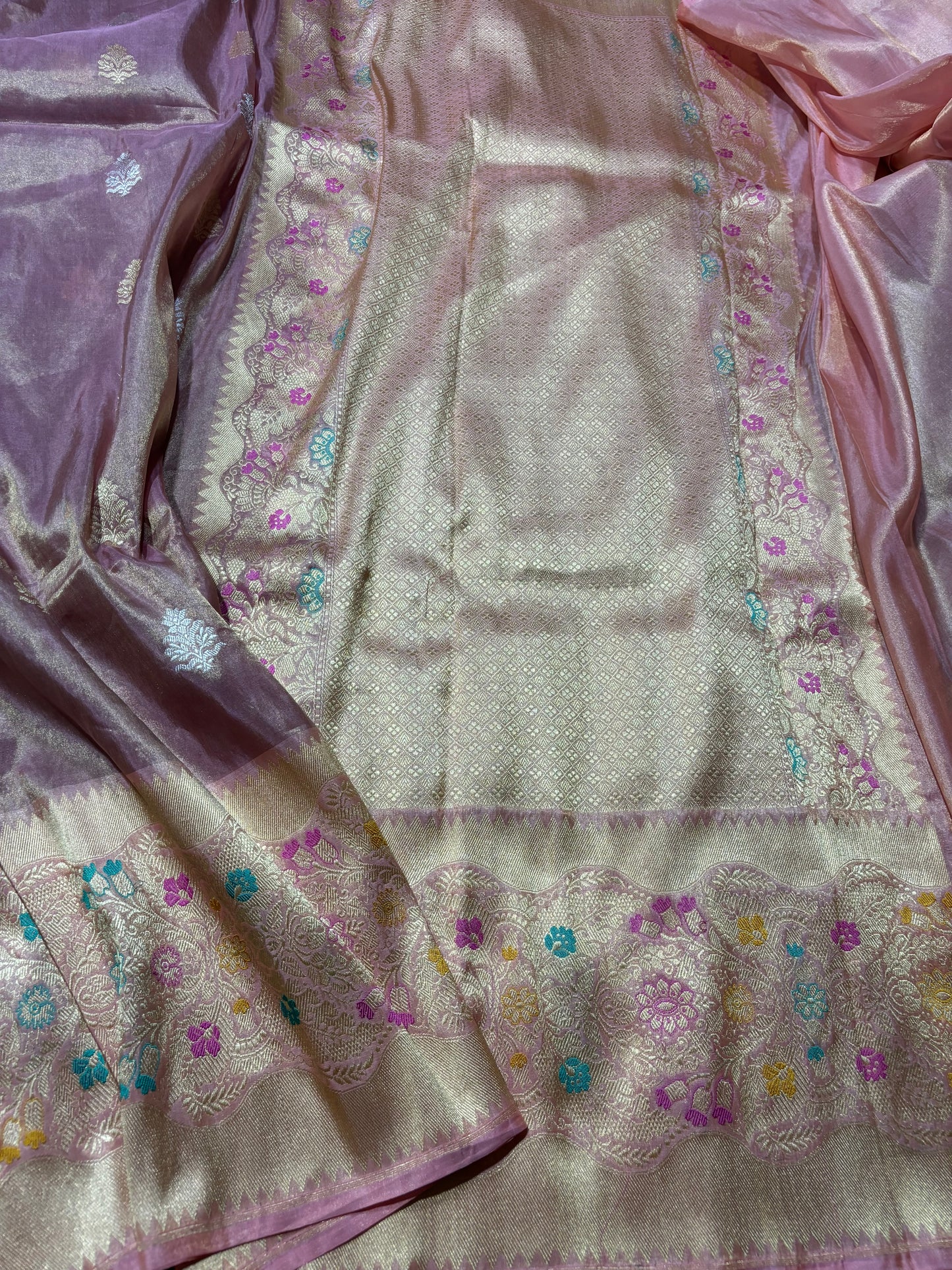 Lavender pure Katan Tissue with heavy Border Handwoven sarees