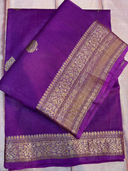 Purple Pure Kora Antique Zari Banarasi Handloom Saree