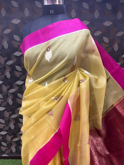 Cream With Pink Pure Kora Antique Zari Banarasi Handloom Saree 