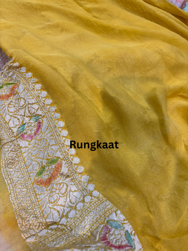 Yellow Pure Khaddi Georgette Meenakari Banarasi Handloom Saree