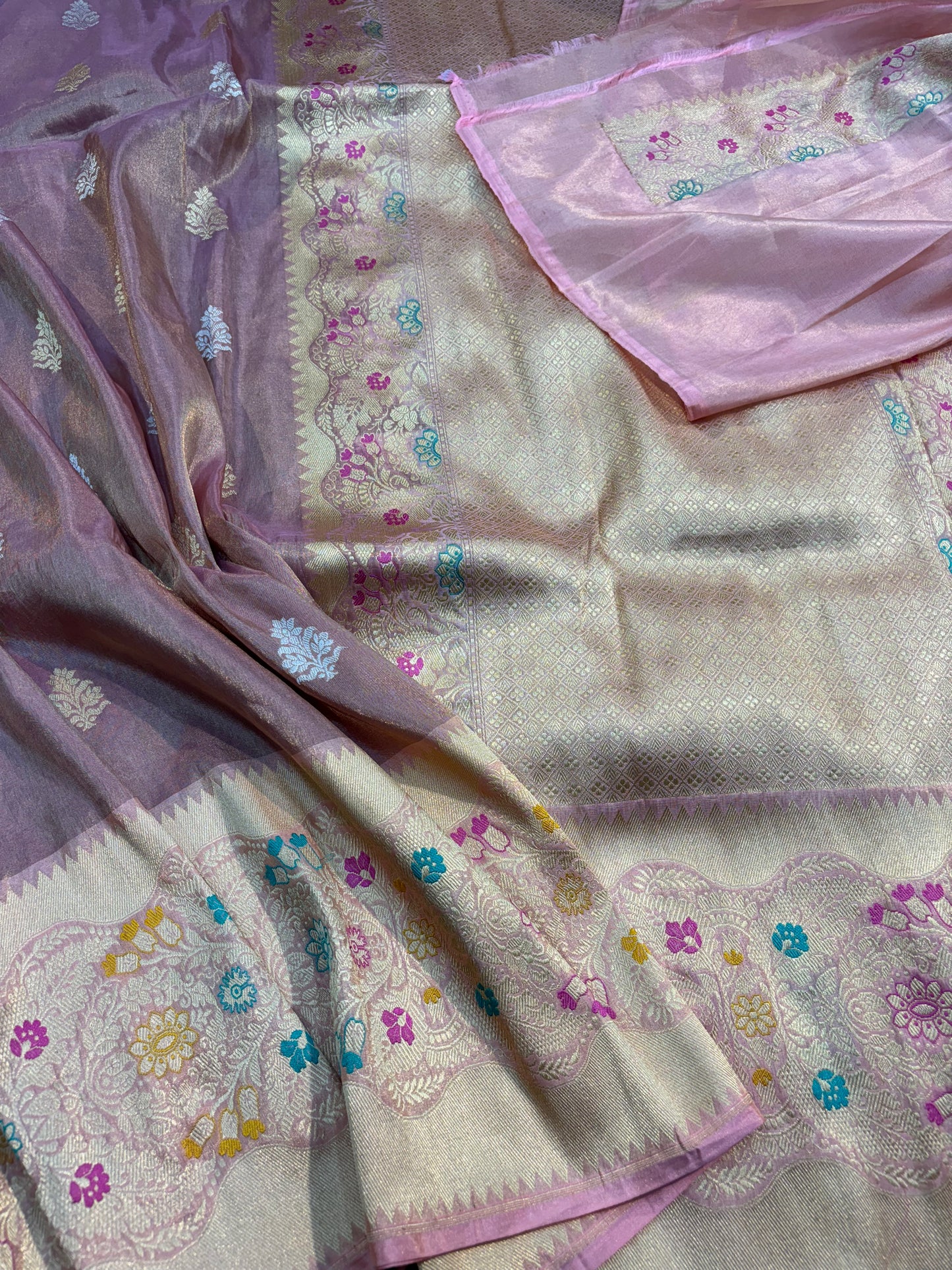 Lavender pure Katan Tissue with heavy Border Handwoven sarees