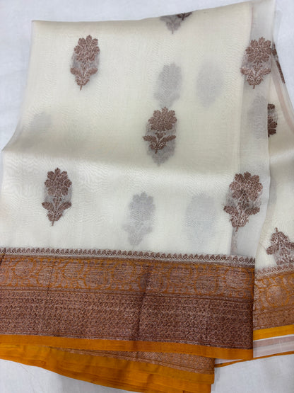 White whit Yellow Border Pure Kora Antique Zari Banarasi Handloom Saree