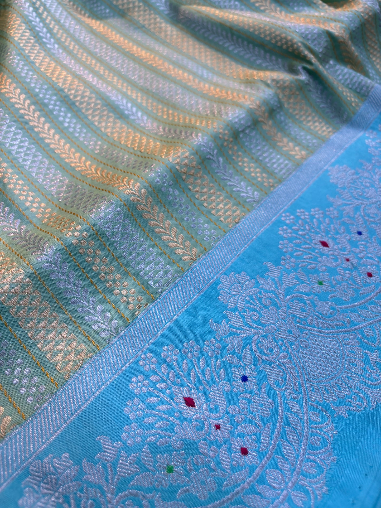 Powder Blue Pure Katan Strips Banarasi Handloom Saree