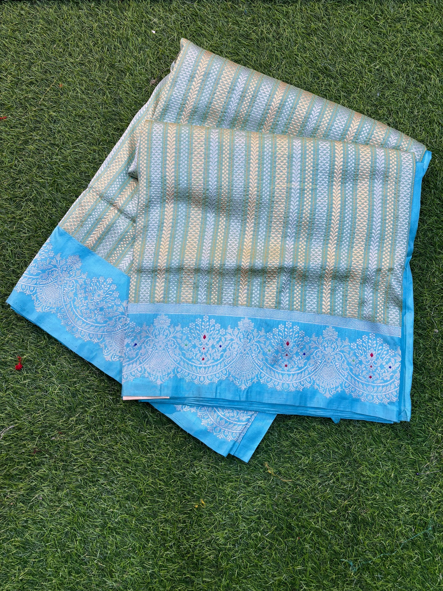 Powder Blue Pure Katan Strips Banarasi Handloom Saree