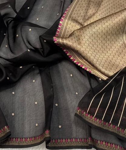 Black with Pink Pure Kora Silk Kadhuwa Small Border Banarasi Handloom Saree 
