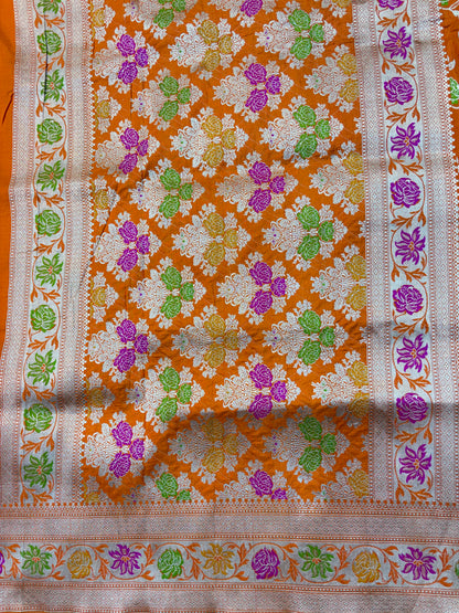 Orange Pure Katan Jangla Banarasi Handloom Saree