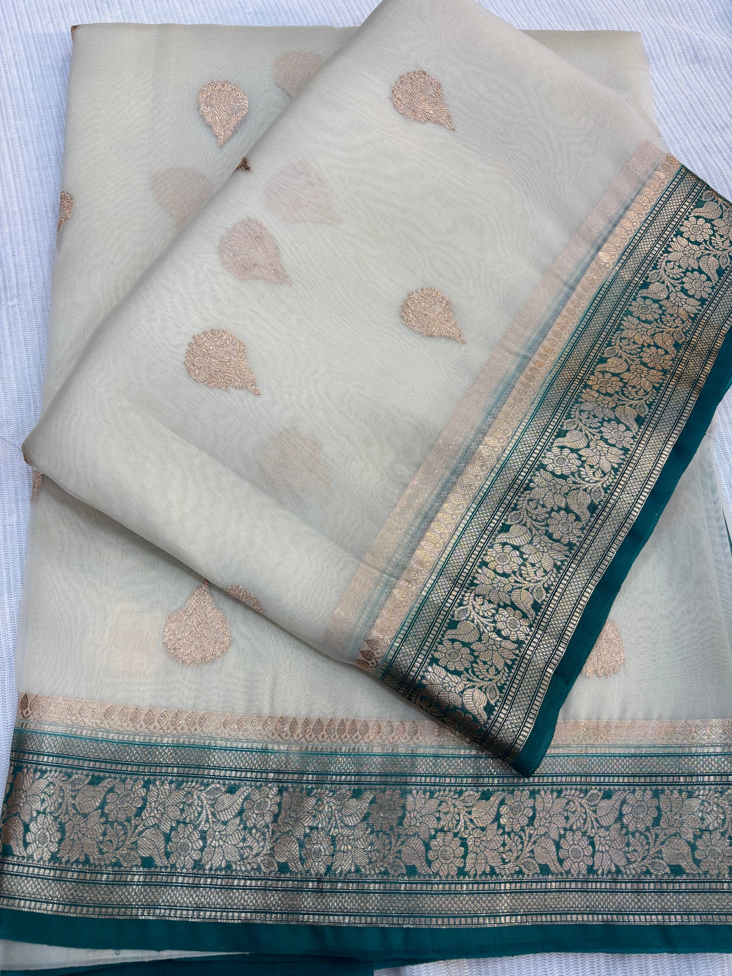 White with Blue Pure Kora Designer Banarasi Handloom Saree 