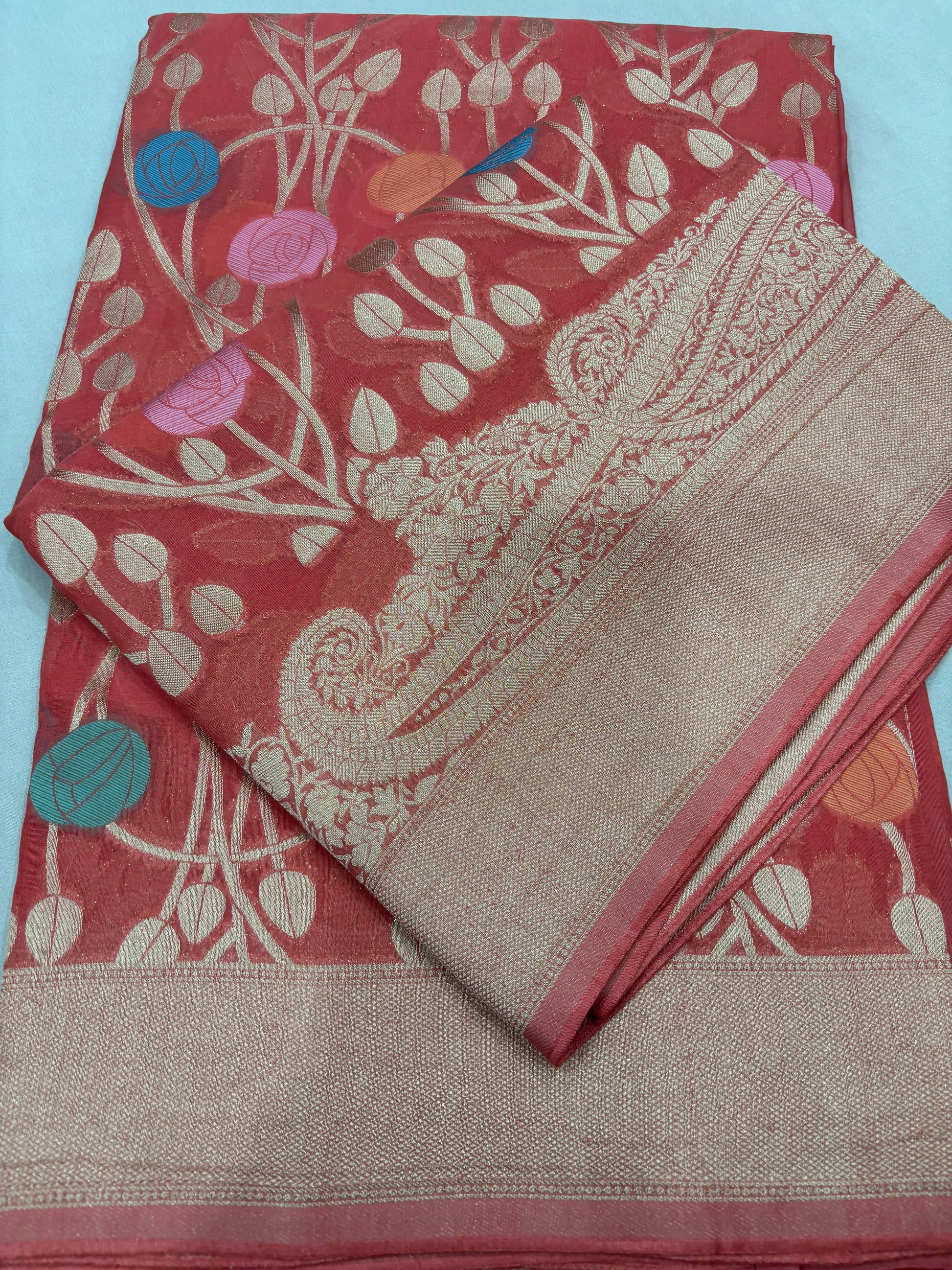 Carrot Pink Semi Khaddi Georgette Banaras Sari 