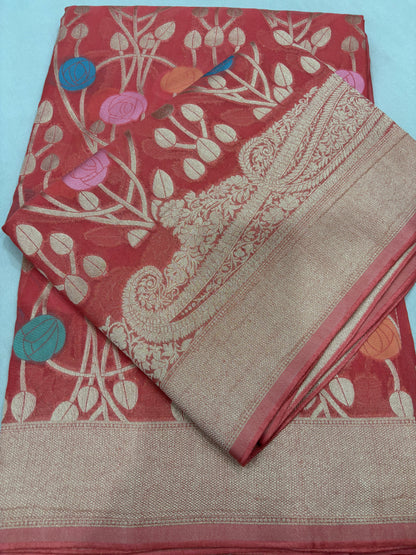 Carrot Pink Semi Khaddi Georgette Banaras Sari 
