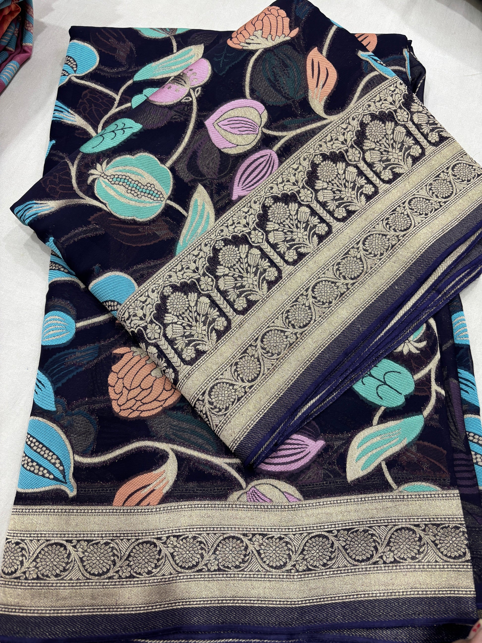 Royal Blue Semi Khaddi Georgette Banaras Sari 