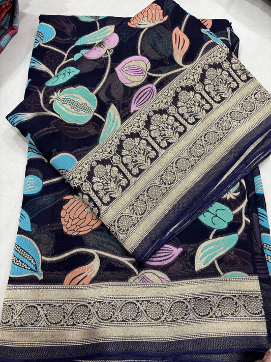 Royal Blue Semi Khaddi Georgette Banaras Sari 