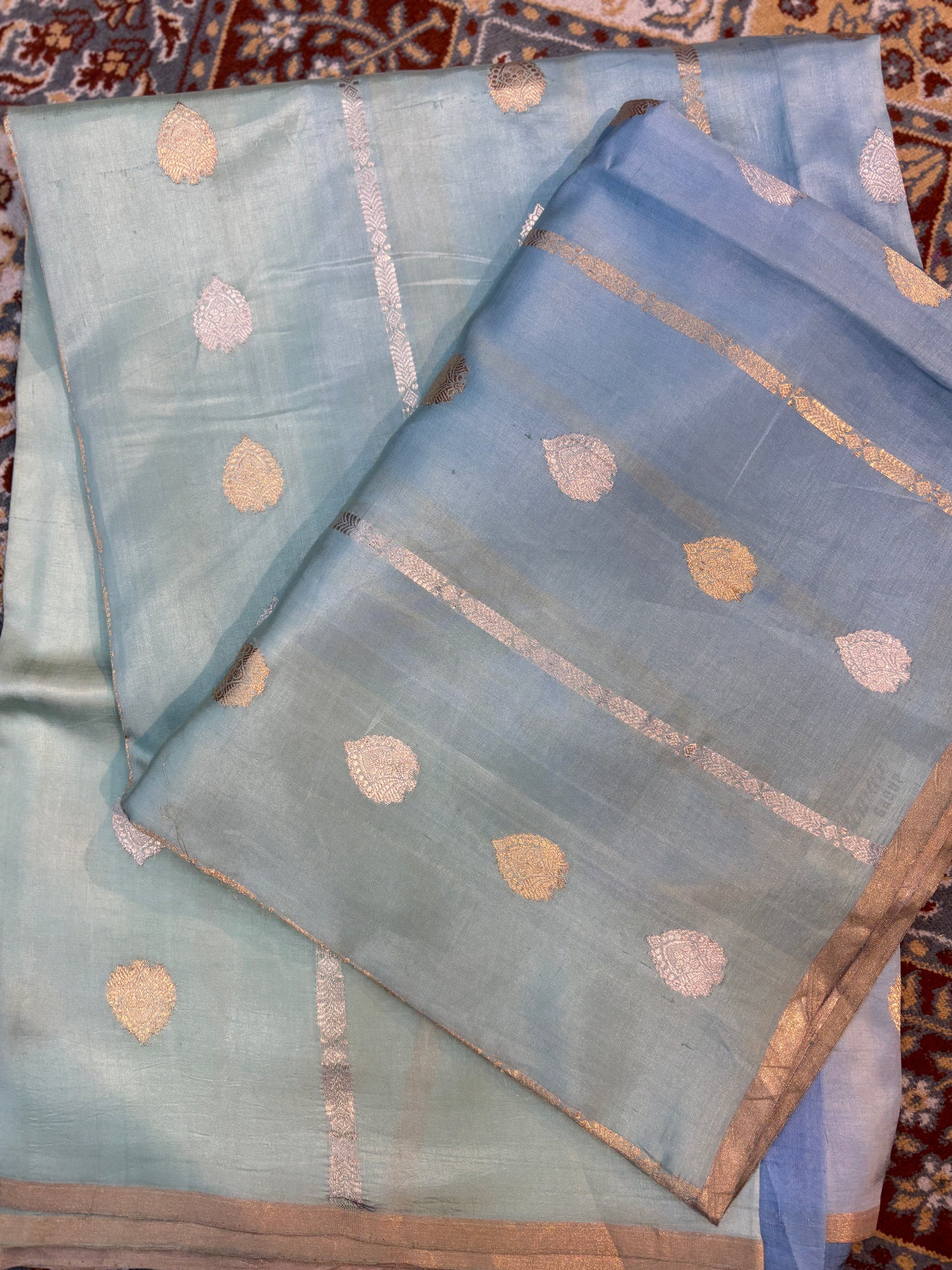 Powder Blue Pure Raw Mango Rungkaat Banarasi Handloom Saree