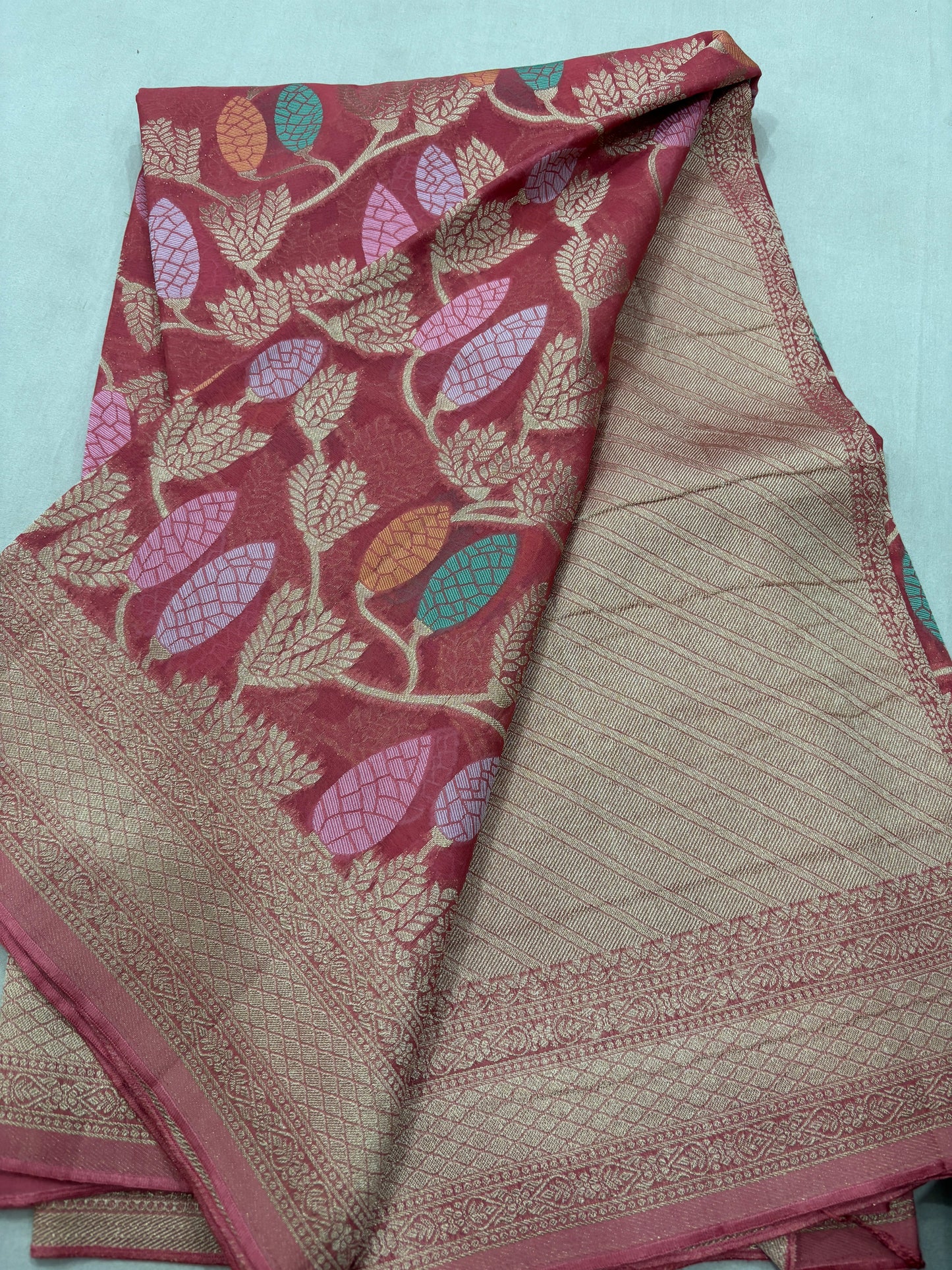 light Green Semi Khaddi Georgette Banaras Sari 