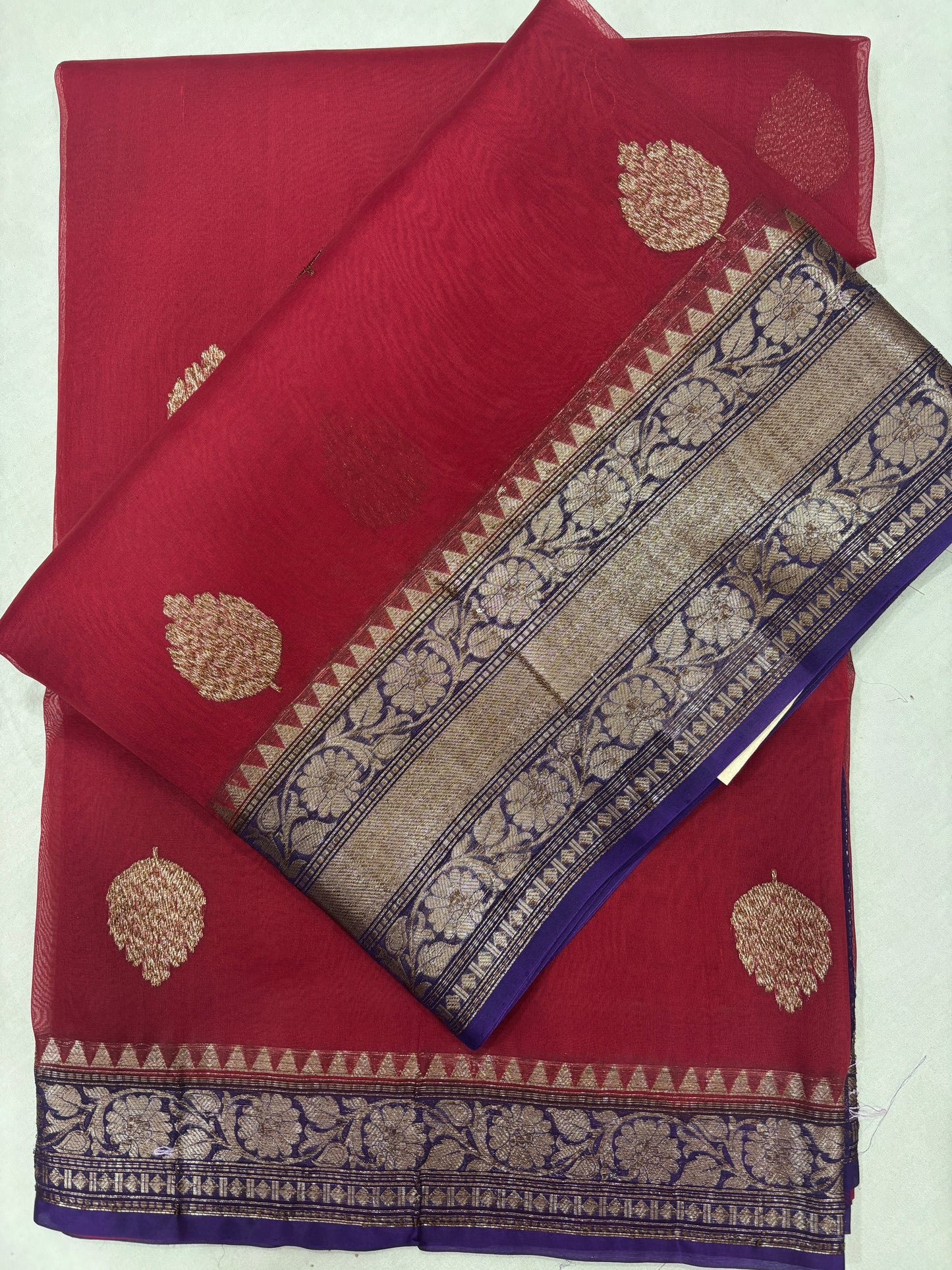Red with Blue Pure Kora Antique Zari Banarasi Handloom Saree 