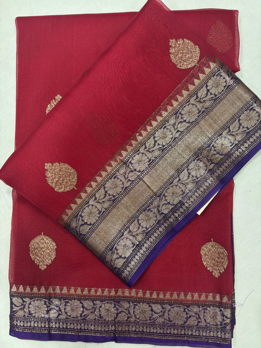 Red with Blue Pure Kora Antique Zari Banarasi Handloom Saree 