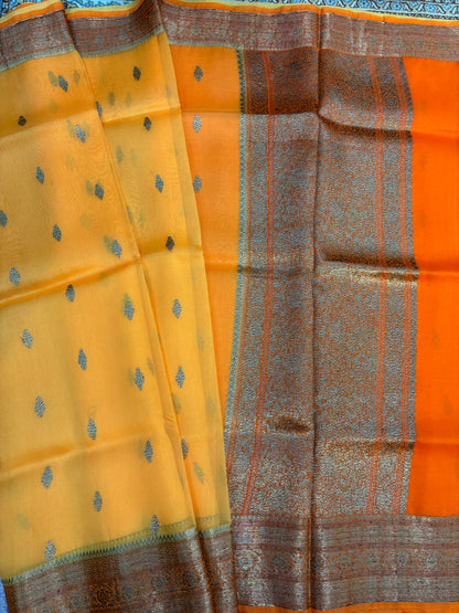 Yellow, orange, Pure Kora antique, Banarasi Handloom saree