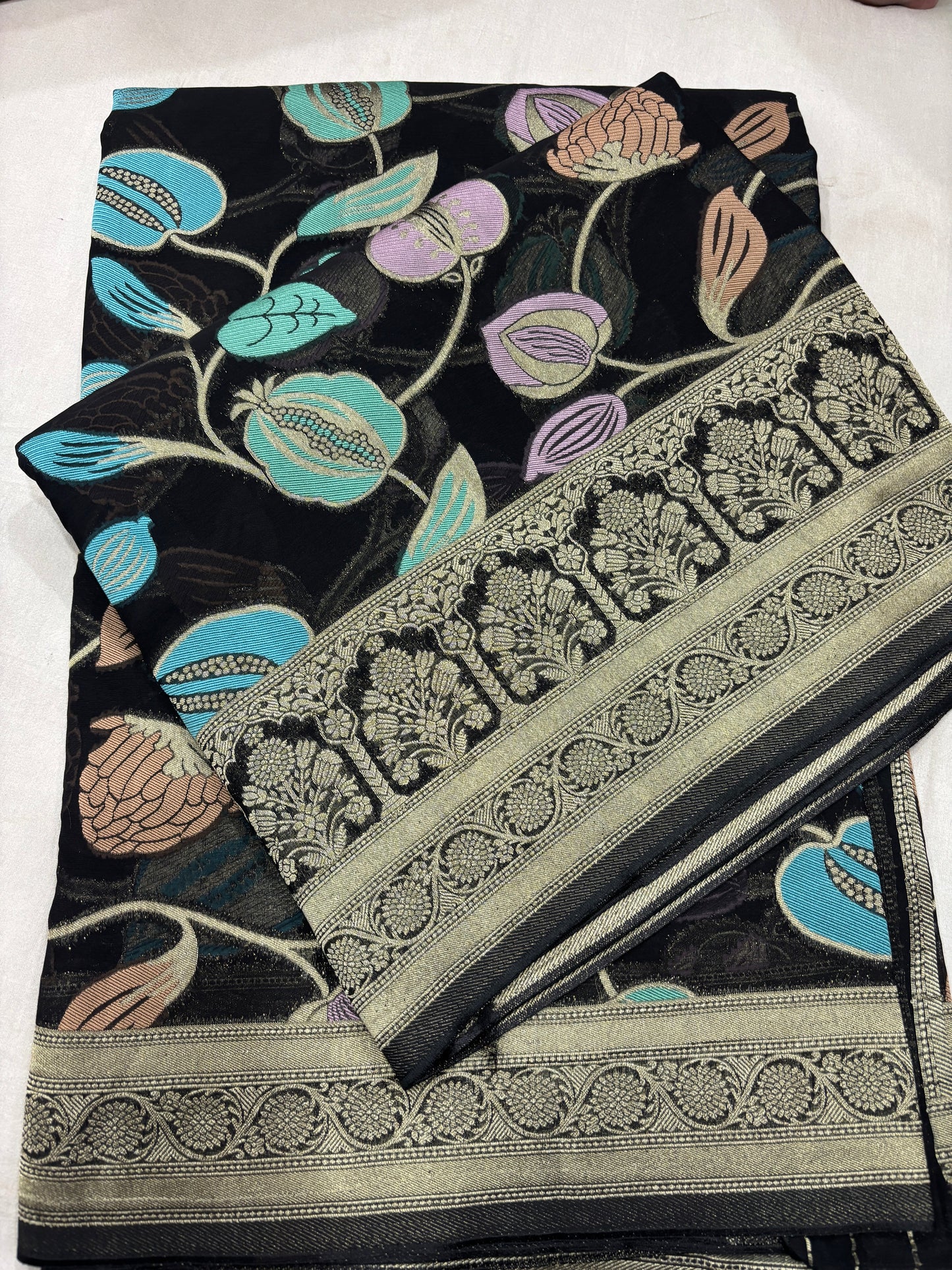 Sky Blue Semi Khaddi Georgette Banaras Sari 