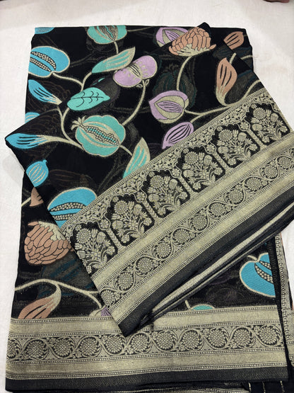 Sky Blue Semi Khaddi Georgette Banaras Sari 