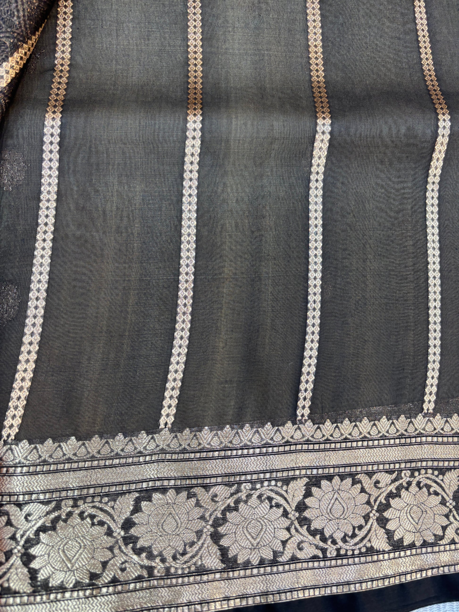 Off White with Black Pure Kora Designer Banarasi Handloom Saree 