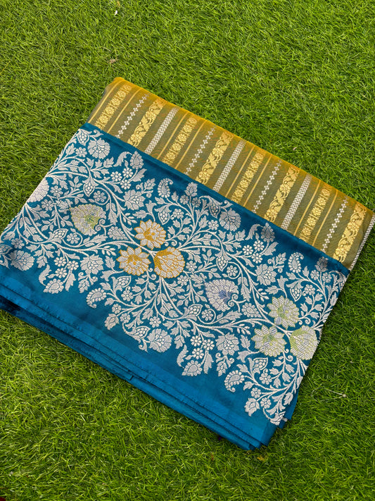 Mehendi Green With Blue Sky Pure Katan Strips Banarasi Handloom Saree