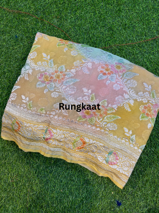 Yellow Pure Khaddi Georgette Meenakari Banarasi Handloom Saree