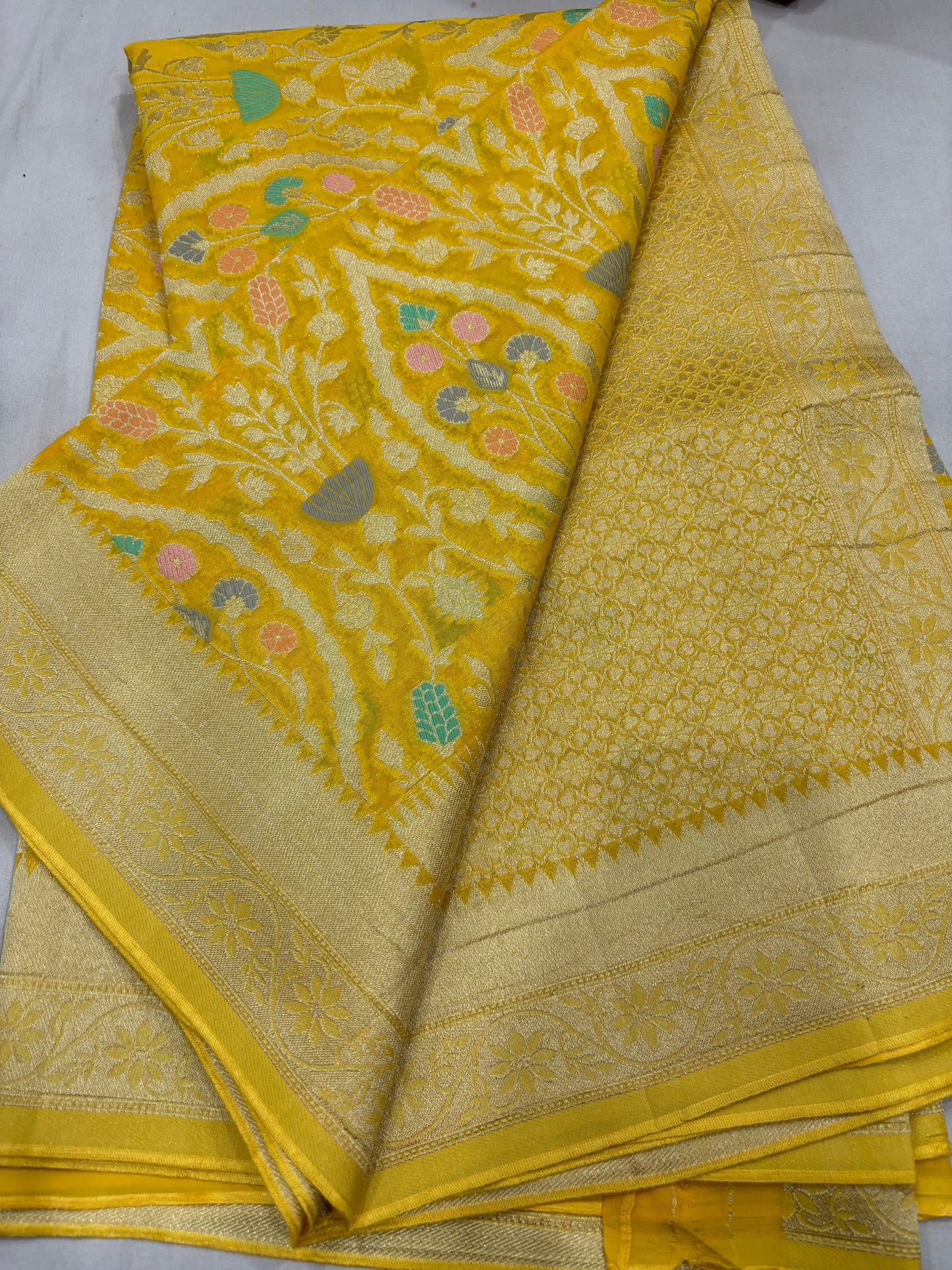 Yello Semi Khaddi Georgette Banaras Sari 