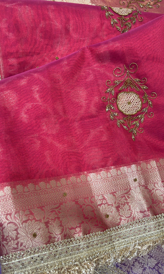 Red Banarasi sari with gold zardoji motifs and ornate silver-gold lace border