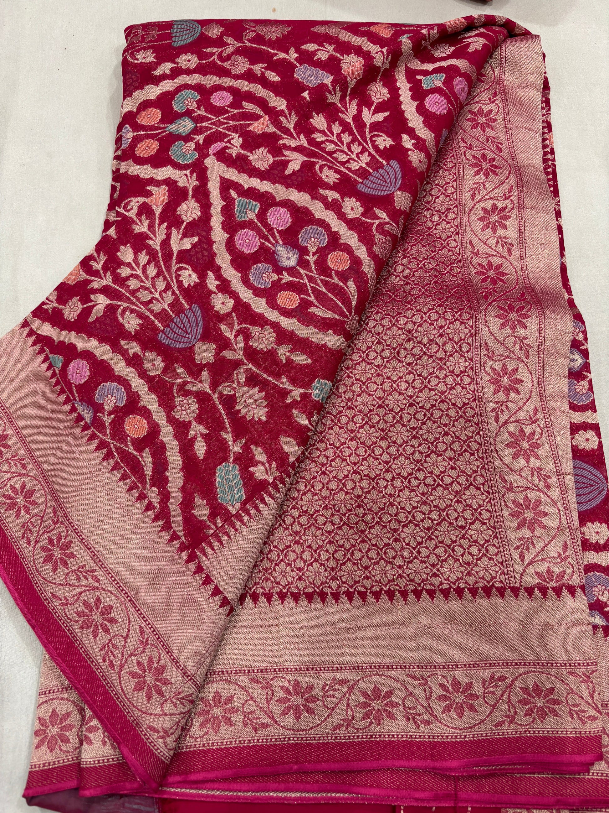 Red Semi Khaddi Georgette Banaras Sari 