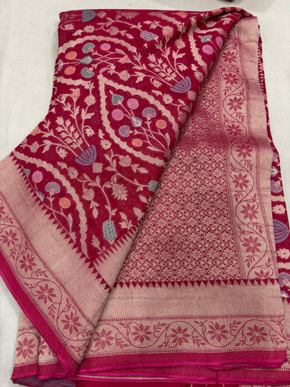 Red Semi Khaddi Georgette Banaras Sari 