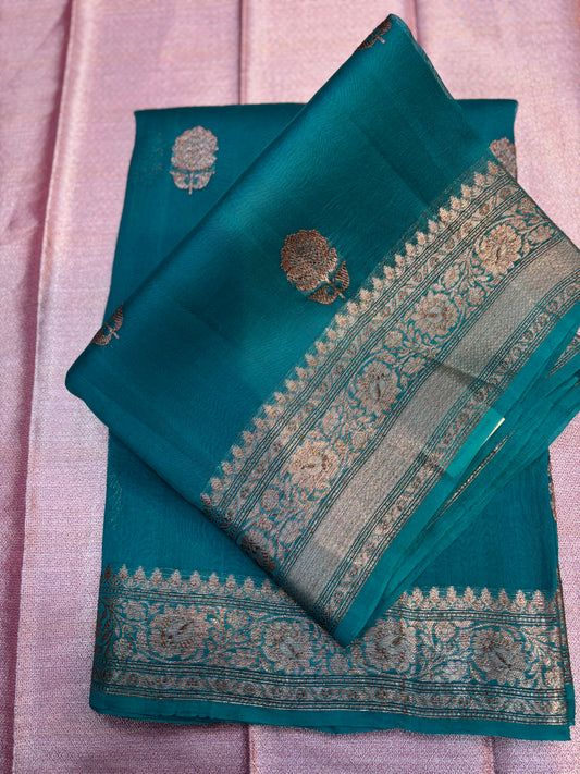 Sky Blue Pure Kora Antique Zari Banarasi Handloom Saree