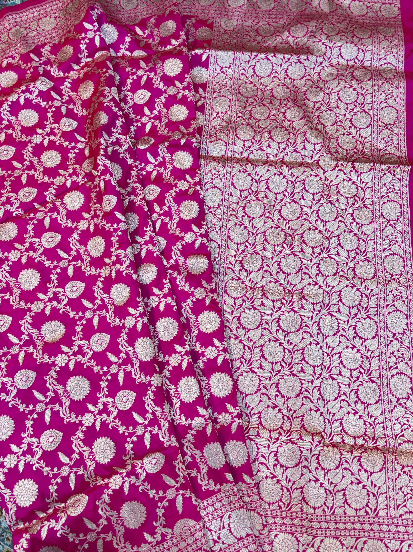 Rani Pink Pure Katan Jangla Banaras Handloom Saree