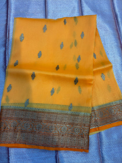 Yellow, orange, Pure Kora antique, Banarasi Handloom saree