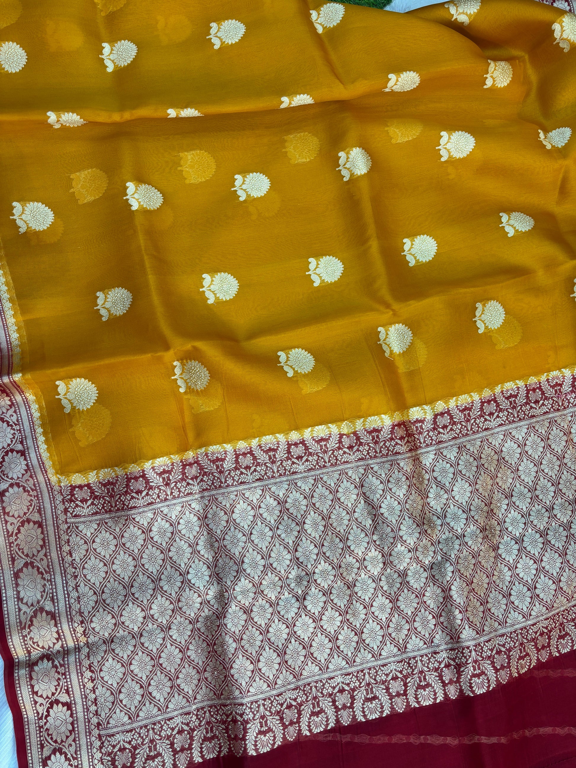 Yellow Red Pure Kora Antique Zari Banarasi Handloom Saree 