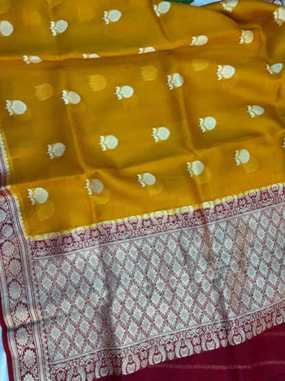 Yellow Red Pure Kora Antique Zari Banarasi Handloom Saree 