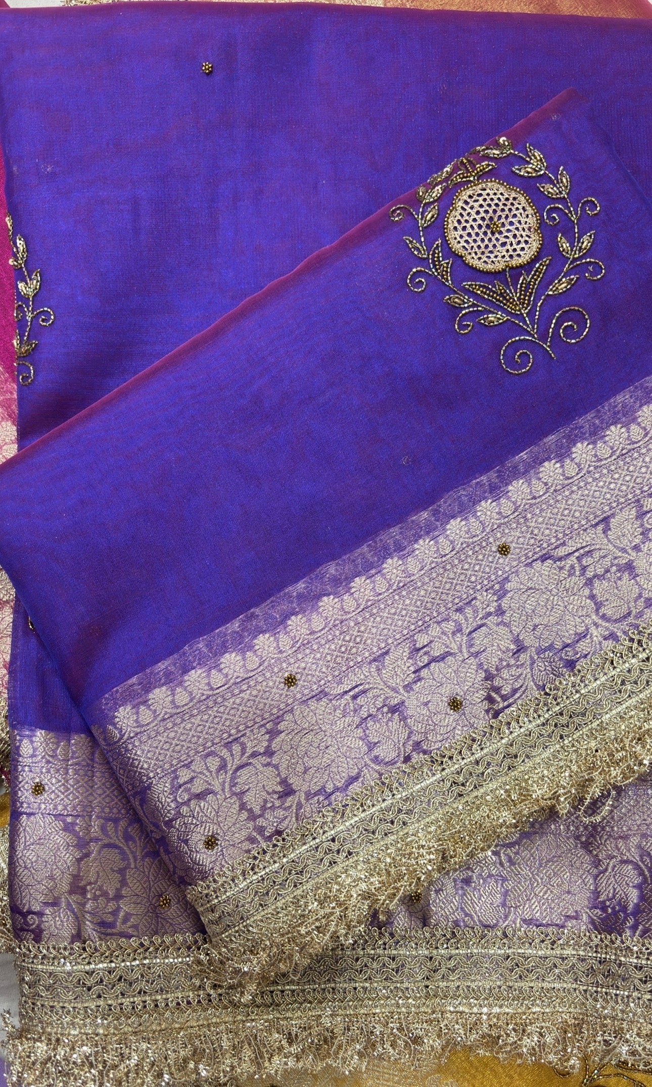 Blue handloom tissue sari with gold zardozi and lace border